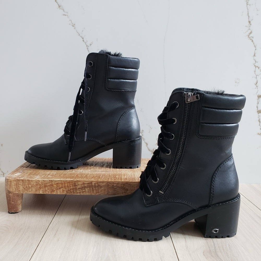Coach Boots Womens 6 Black Leather Faux Fur Jenna Combat Block Heel